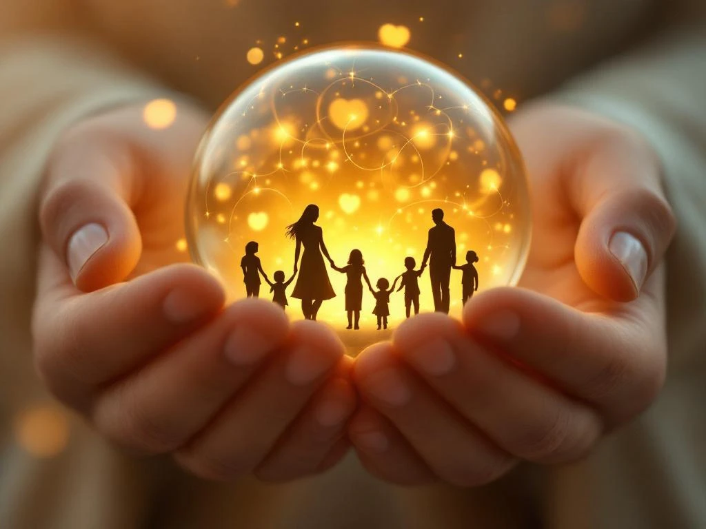 Handen rond gloeiende bol met familie silhouetten, warme gouden ademwisps creëren energiepatronen, zachte verlichting