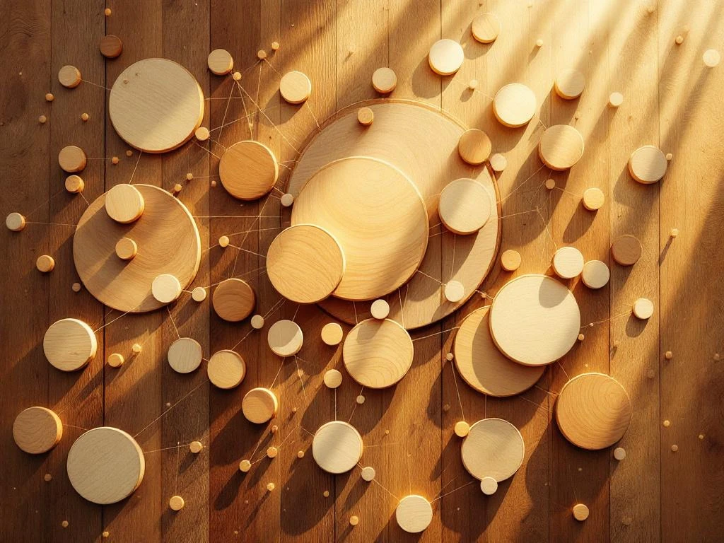 Houten cirkels van verschillende groottes op warme houten ondergrond, verlicht door gouden licht, symboliseren familieverbindingen