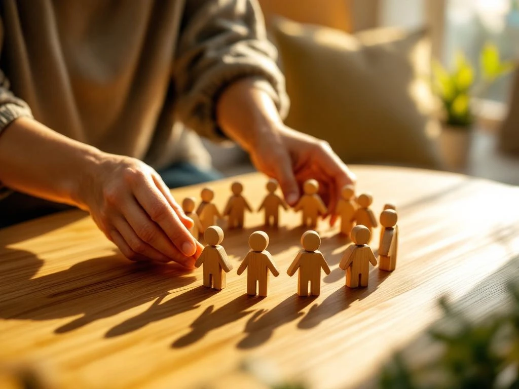 Handen rangschikken houten familiefiguren in cirkel op warme houten tafel met natuurlijk licht en zachte schaduwen