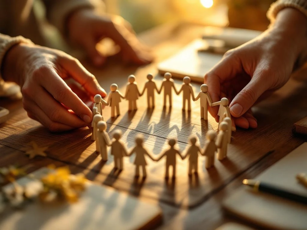 Handen rangschikken houten familiefiguren in cirkel op warme houten ondergrond met journal en pen ernaast