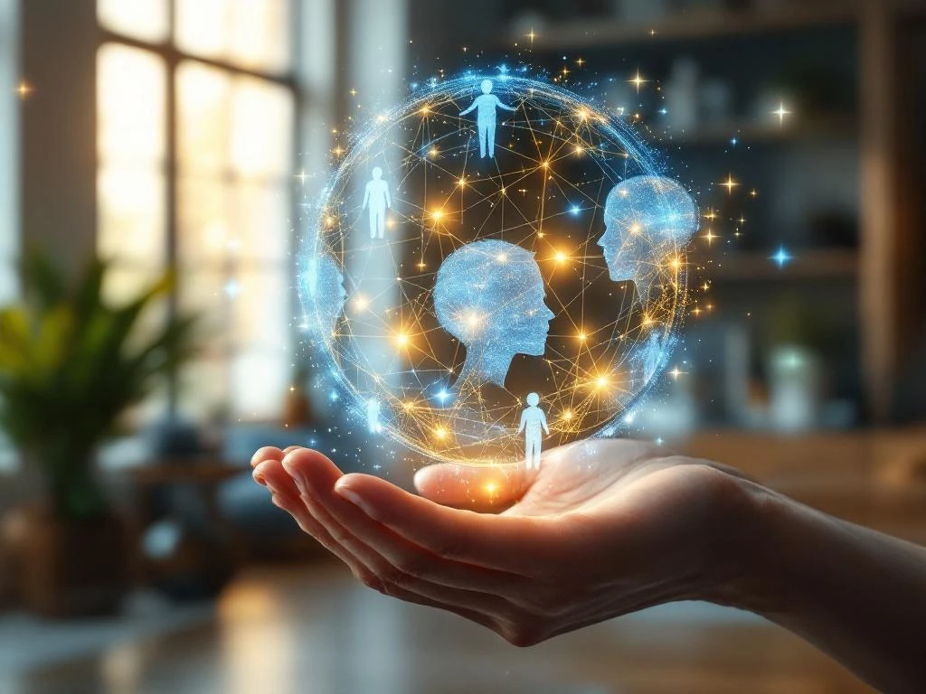 Holografische familieconstellation boven open hand met blauwe en gouden lichtstralen in moderne therapeutische ruimte