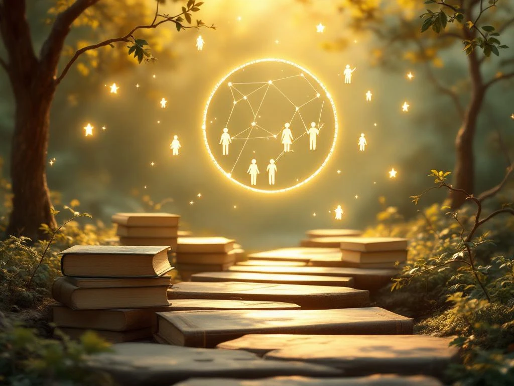 Houten stapstenen leiden naar gloeiend familie constellatie diagram omringd door psychologie boeken en boomtakken