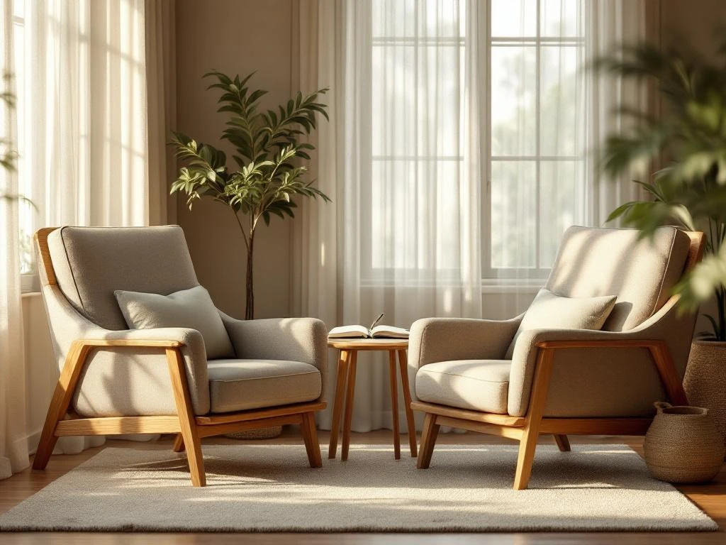 Twee stoelen tegenover elkaar in therapieruimte met open notitieboek op tafel, warme belichting en planten op achtergrond