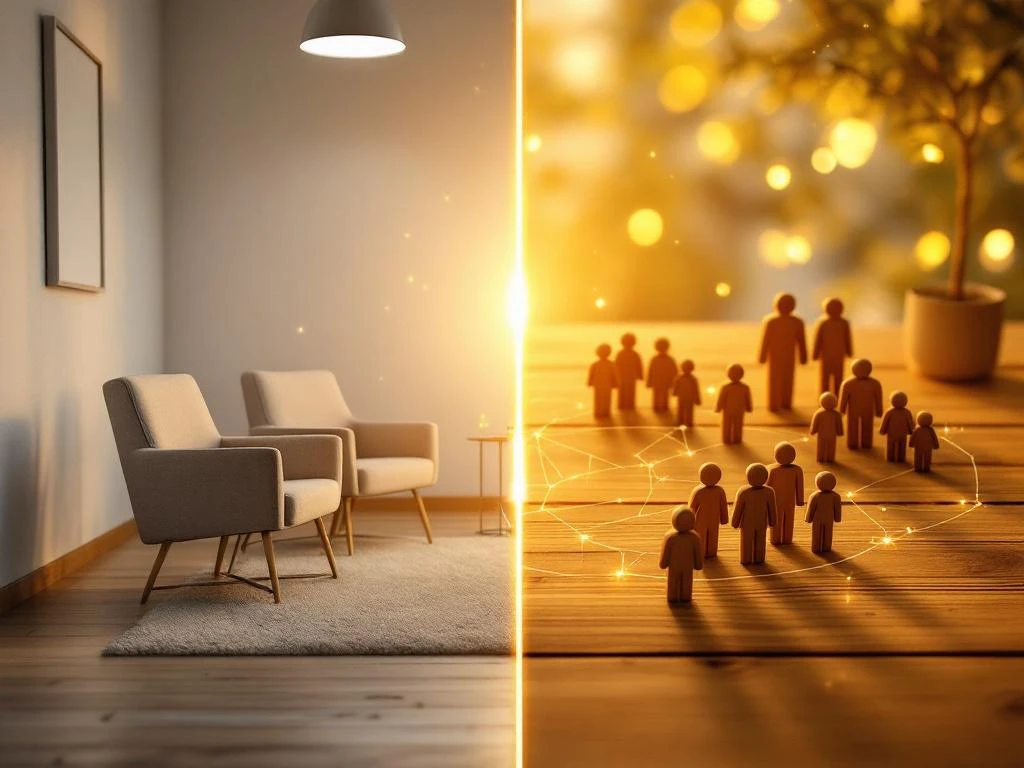 Vergelijking van traditionele therapie met lege stoelen en warme familieopstellingen met houten figuren in cirkel