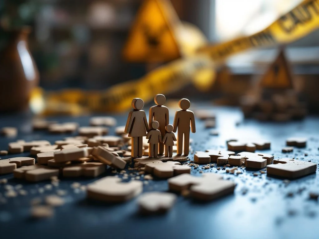 Gebroken houten familiefiguurtjes op donkere ondergrond met waarschuwingssymbolen, dramatische belichting toont risico's