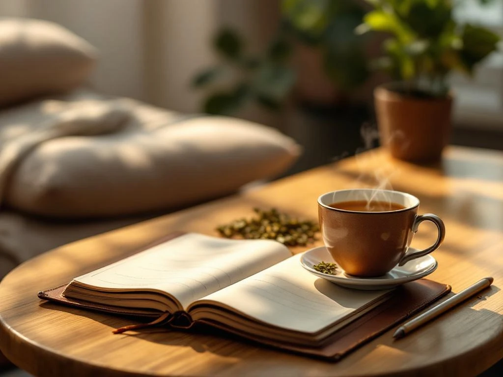 Open leren dagboek met handgeschreven notities naast dampende kruidenthee op houten tafel in warm ochtendlicht
