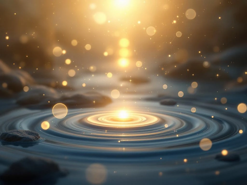 Gouden lichtstromen convergeren in meditatieruimte met zwevende cirkels die familiebanden en transformationele energie symboliseren