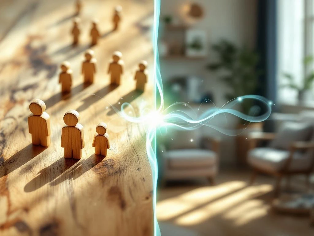 Therapeutische benadering split-screen: houten familieopstelling figuren links, serene therapieruimte rechts, verbonden door vloeiende energie