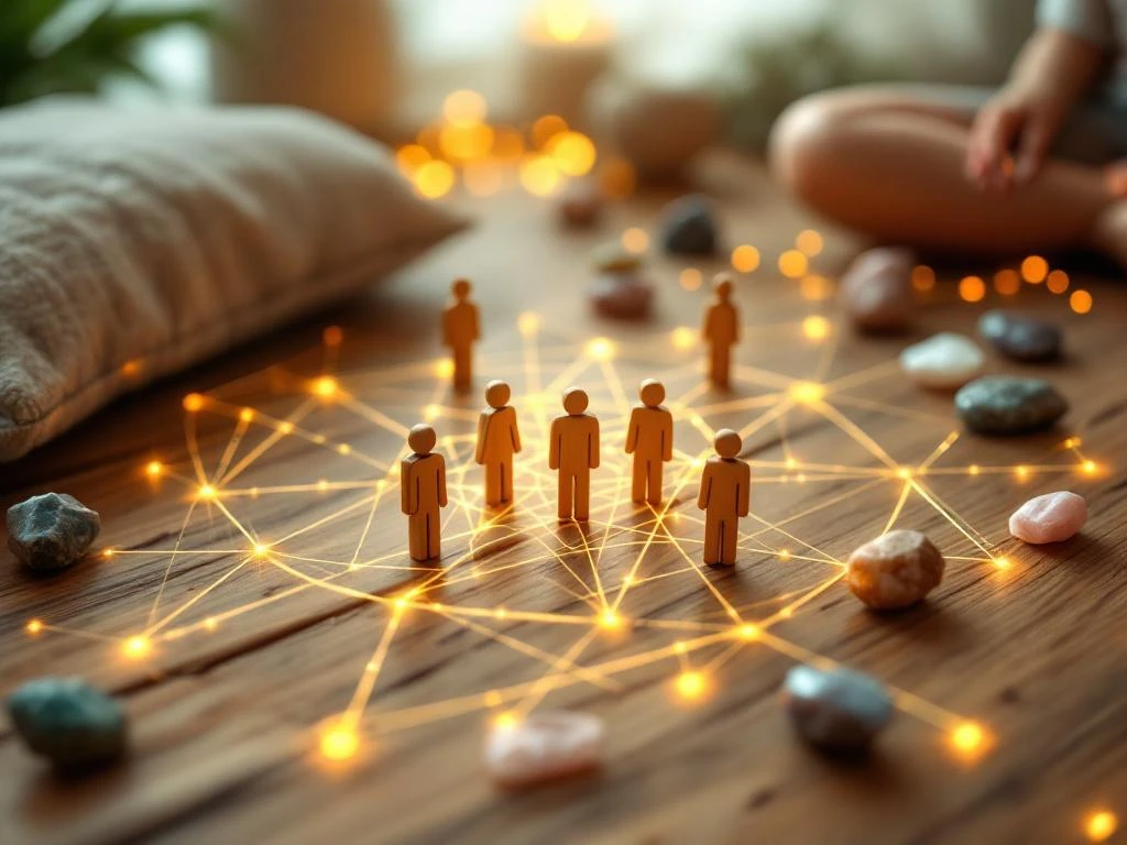 Gouden energielijnen verbinden therapeutische elementen: houten figuren, meditatiekussen, dagboek en kristallen op hout