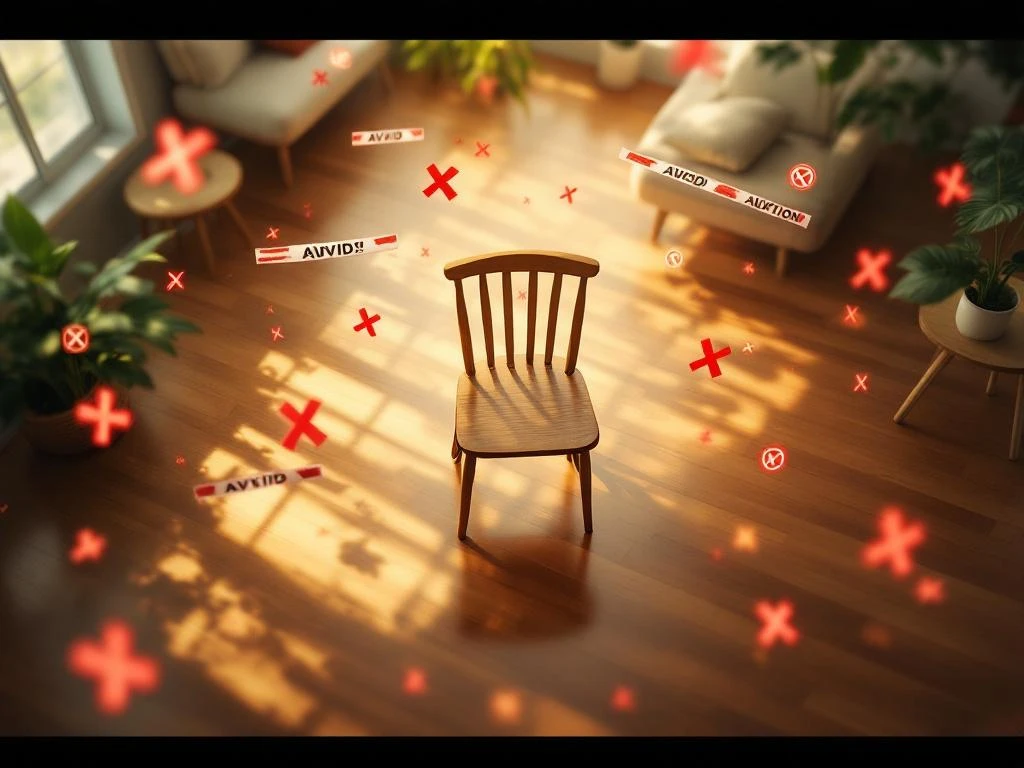 Lege houten stoel in therapiekamer omringd door waarschuwingssymbolen en rode kruizen, bovenaanzicht met warme verlichting