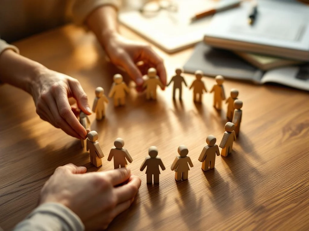 Handen rangschikken houten familiefiguren in cirkel op warme houten tafel met therapeutische materialen op achtergrond