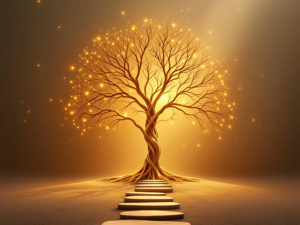 Gouden familiestamboom takken vormen cirkel met gloeiende verbindingspunten tegen warme achtergrond met lichtstralen