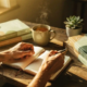 Houten bureau met open leren dagboek, dampende kruidenthee, coaching certificatieboeken en vetplant in warm zonlicht
