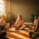 Ademhalingsbegeleider zit gekruist op linnen mat en leidt kleine groep in houten studio met warm ochtendlicht en potplanten.