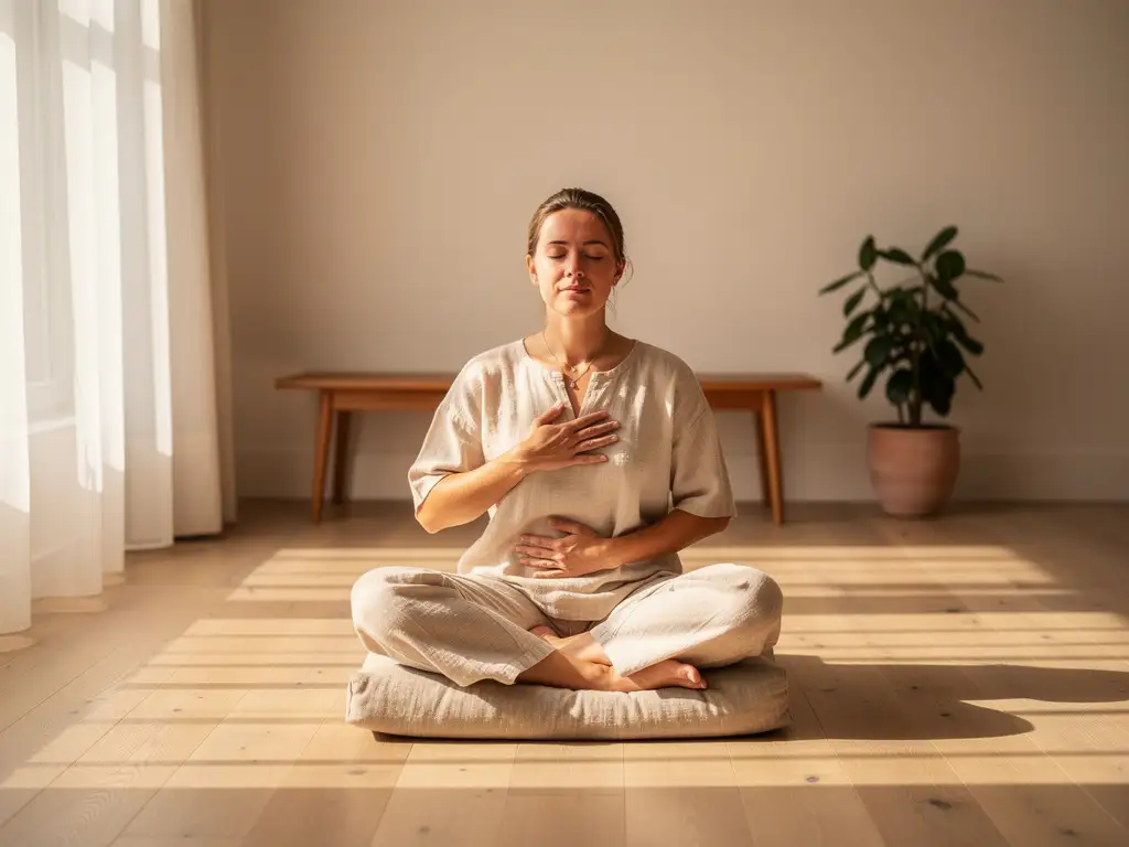 Persoon zit gekruist op linnen kussen in minimalistisch interieur, ogen gesloten, handen op borst en buik tijdens ademhalingsoefening.