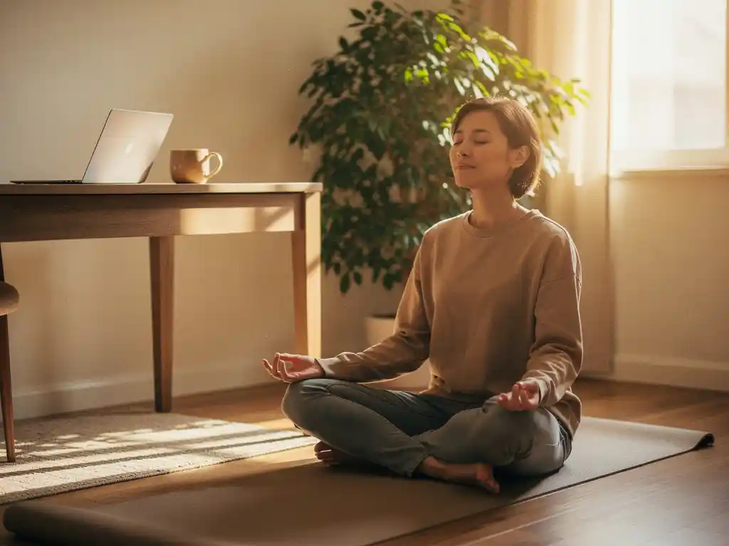 Persoon zit gekruist op yogamat in zonnig thuiskantoor, ogen gesloten, diep ademend, laptop en koffiemok op bureau op de achtergrond.