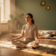 Ademhalingsinstructeur zit gekruist op linnen mat en begeleidt liggende student in zonnig houten studio.