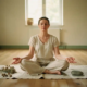 Vrouw mediteert op linnen mat met gesloten ogen en open handen, zacht ochtendlicht, gedroogde botanicals en riviersteen, wellness studio.
