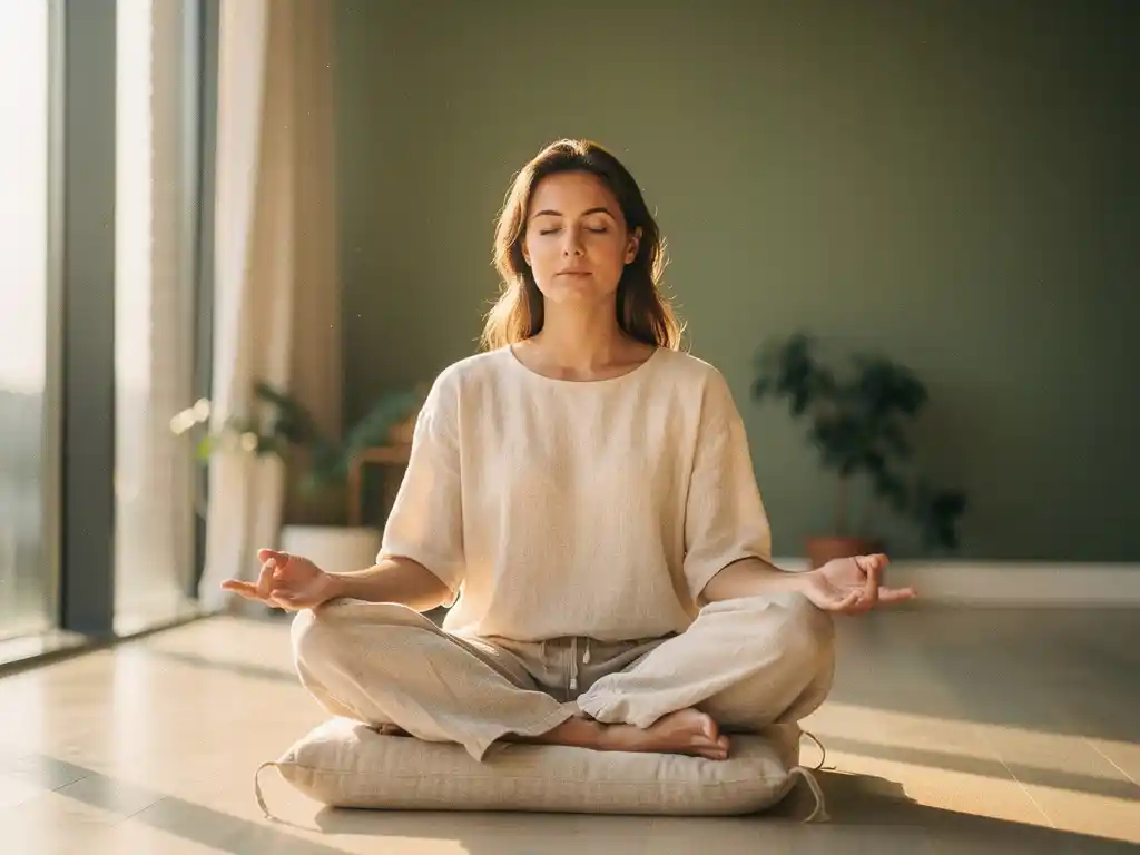 Vrouw mediteert zittend op linnen kussen in minimalistische studio met zacht ochtendlicht en salie groene tinten.