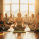 Diverse groep mensen op yogamatten in zonnig studio, ogen gesloten tijdens ademhalingsoefening, warme houten vloer en grote ramen.