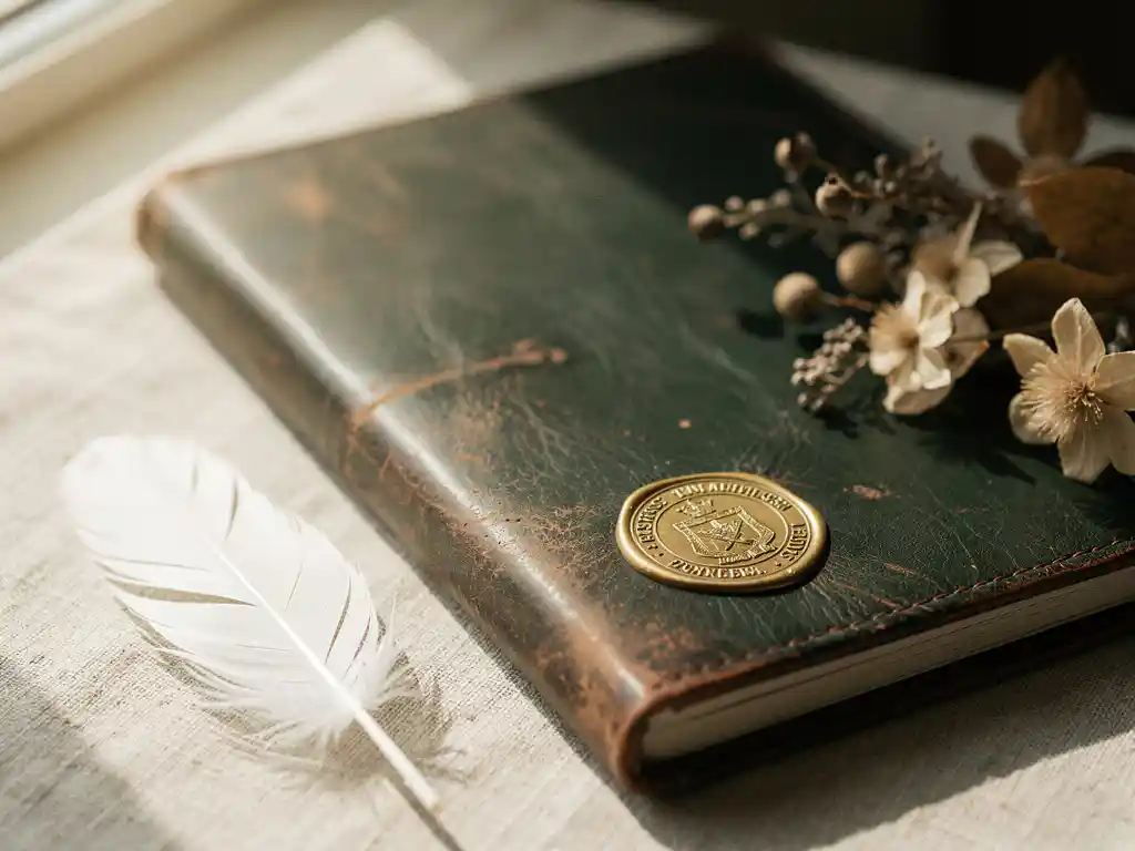 Versleten leren certificaat met officieel reliëfzegel op linnen, omringd door een witte veer en gedroogde botanicals in zacht ochtendlicht.