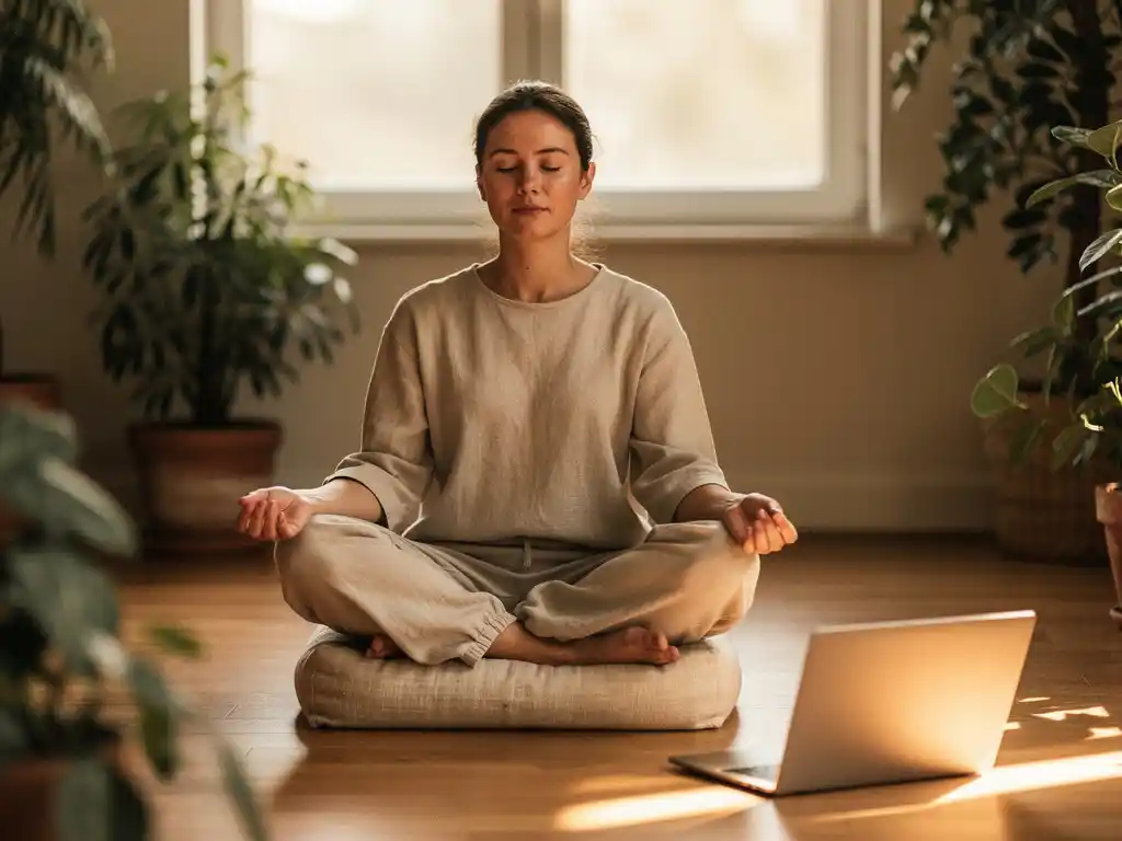 Persoon in meditatieve ademhalingsoefening op linnen kussen, laptop op houten vloer, ochtendlicht en kamerplanten op de achtergrond.