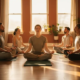 Groep mensen op yogamatten in zonnig studio, ogen gesloten in ademhalingsoefening, handen op knieën, warm gouden licht.